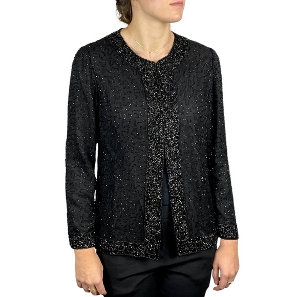 VINTAGE BLACK SILK BEAD EMBELLISHED HOLIDAY EVENING JACKET LAURENCE KAZAR - Picture 1 of 15
